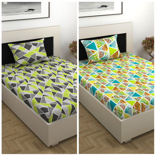 Green and Orange Abstract Print Combo Bedsheet for Single Bed
