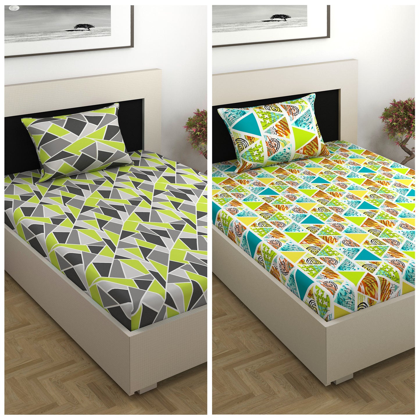 Green and Orange Abstract Print Combo Bedsheet for Single Bed