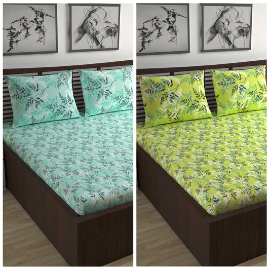 Green and Blue Floral Print Combo Set of 2 Bedsheet for Double Bed