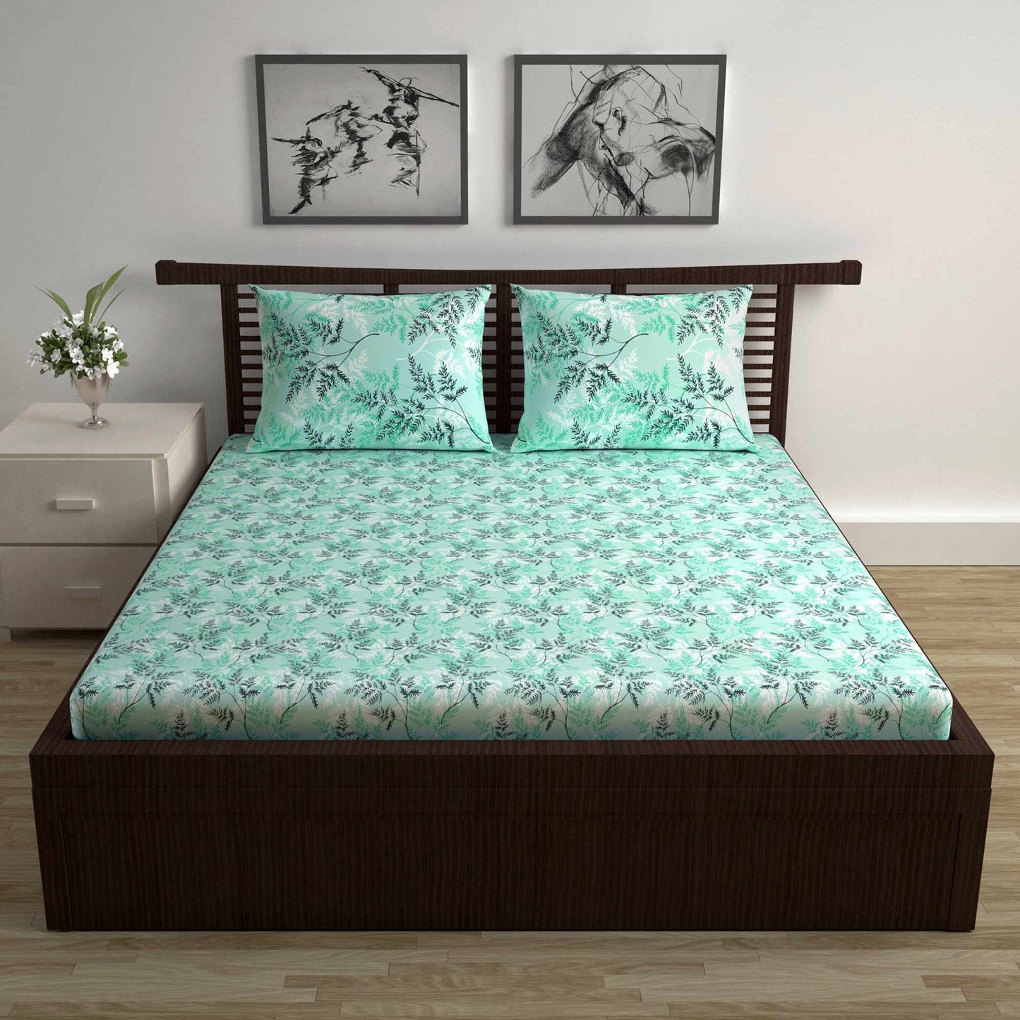 Lady Fern Floral 100% Cotton Bedsheet for Double Bed - Green