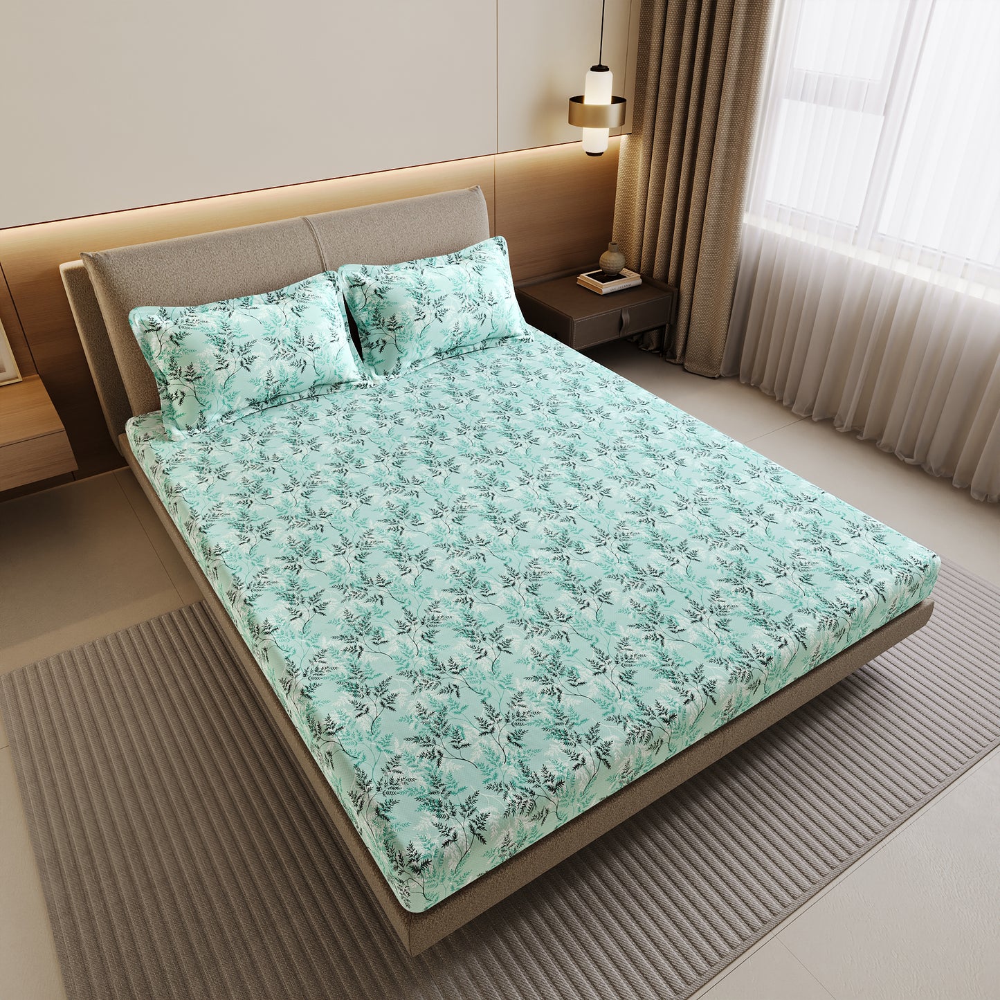 Lady Fern Aqua Mist Floral 100% Cotton Bedsheet for Double Bed
