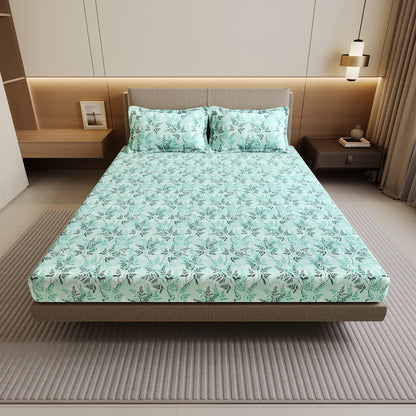 Lady Fern Aqua Mist Floral 100% Cotton Bedsheet for Double Bed