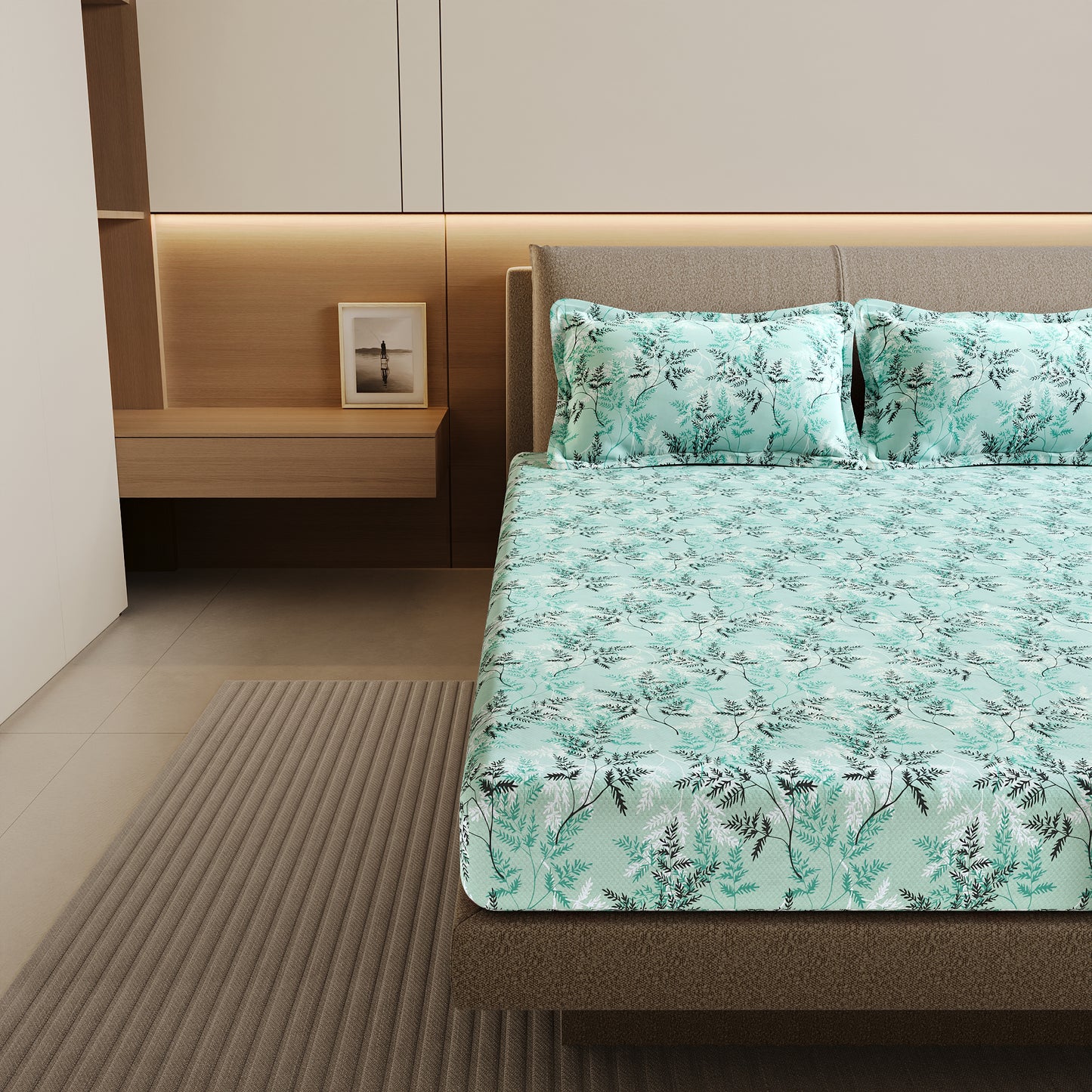 Lady Fern Aqua Mist Floral 100% Cotton Bedsheet for Double Bed