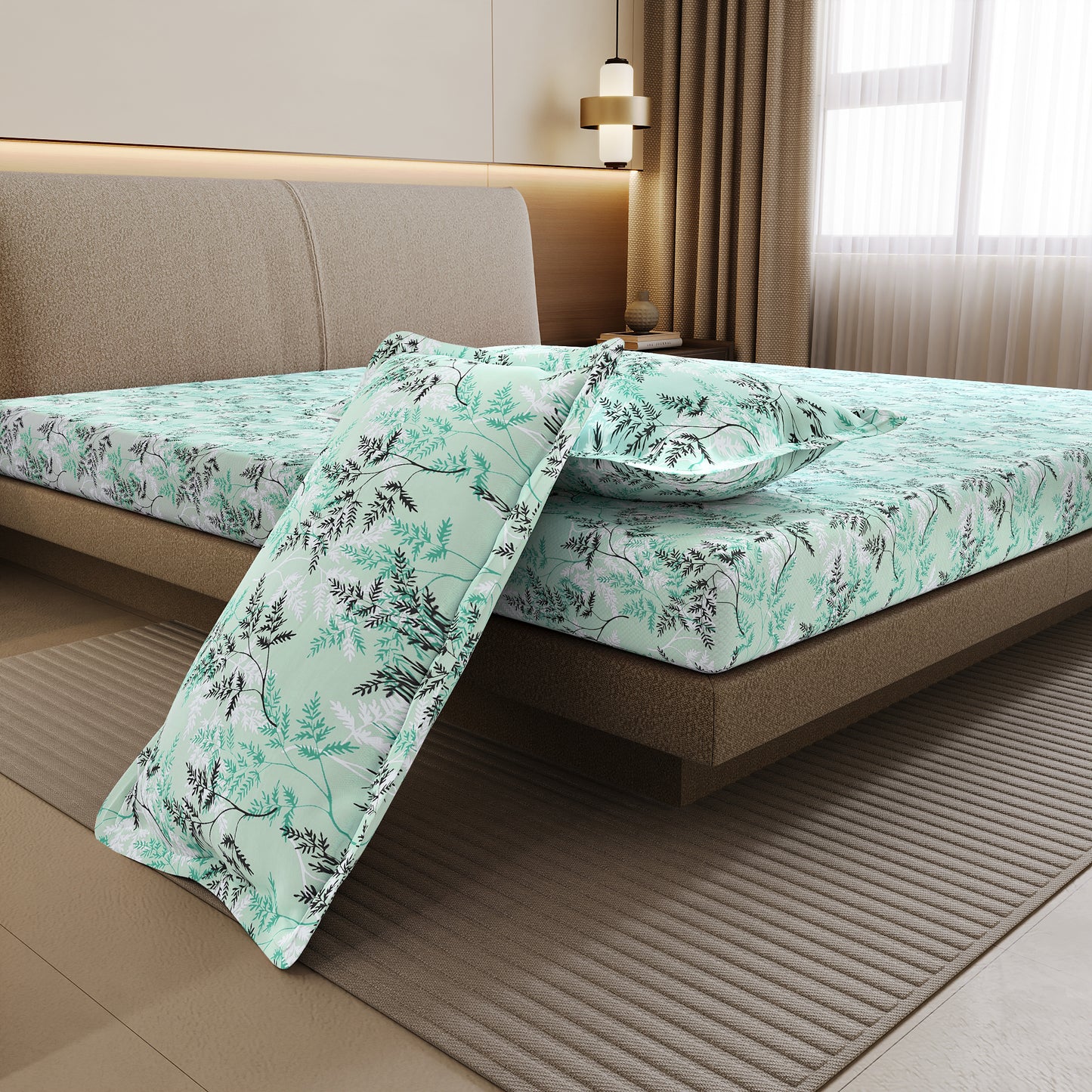 Lady Fern Aqua Mist Floral 100% Cotton Bedsheet for Double Bed