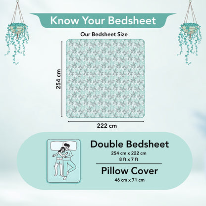 Lady Fern Aqua Mist Floral 100% Cotton Bedsheet for Double Bed