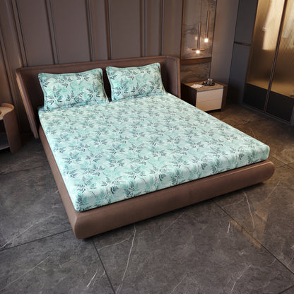 Lady Fern Floral Aqua Mist 100% Cotton Bedsheet for King Size Bed