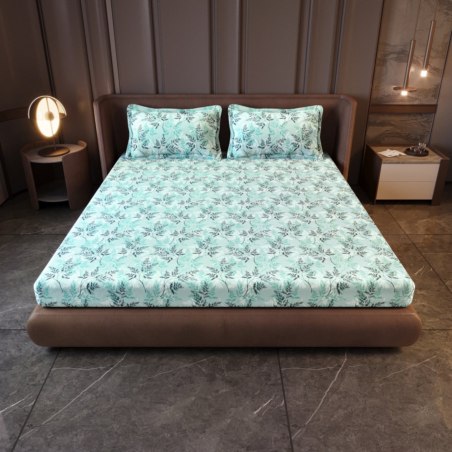 Lady Fern Floral Aqua Mist 100% Cotton Bedsheet for King Size Bed