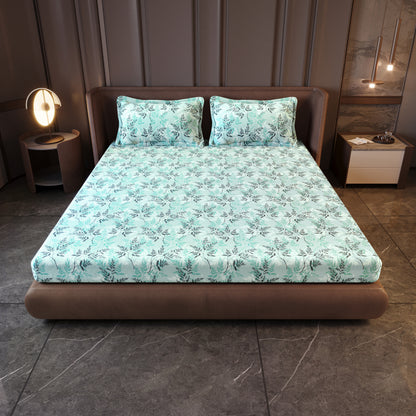 Lady Fern Floral Aqua Mist 100% Cotton Bedsheet for King Size Bed