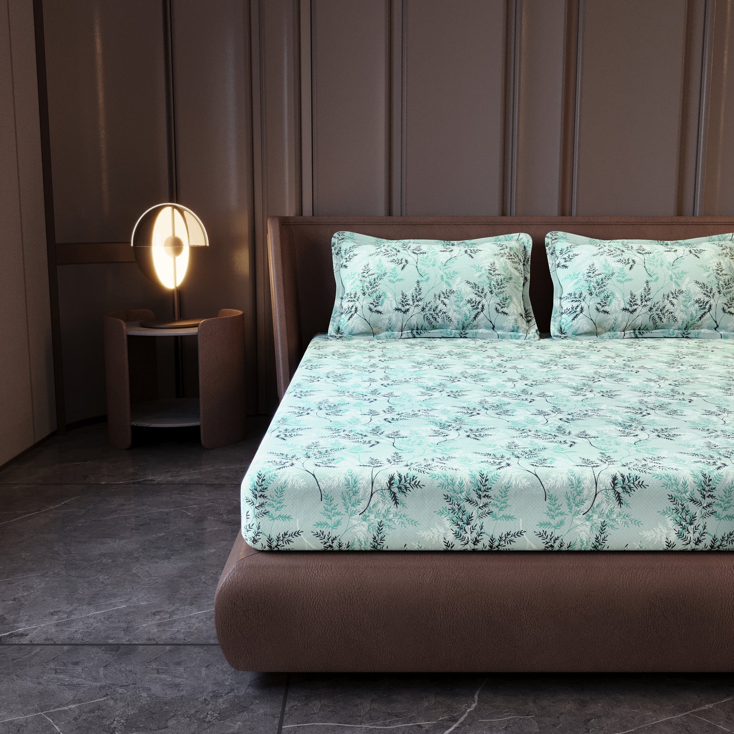 Lady Fern Floral Aqua Mist 100% Cotton Bedsheet for King Size Bed
