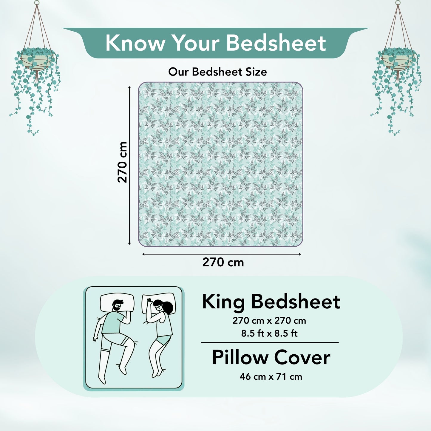 Lady Fern Floral Aqua Mist 100% Cotton Bedsheet for King Size Bed