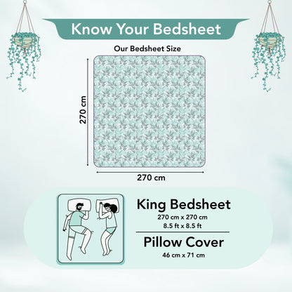 Lady Fern Floral Aqua Mist 100% Cotton Bedsheet for King Size Bed