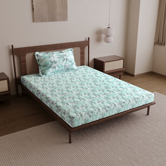 Lady Fern Aqua Mist Floral 100% Cotton Bedsheet for Single Bed