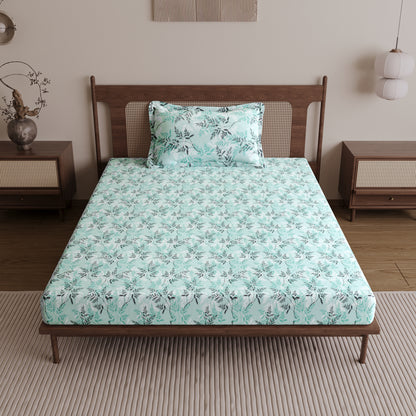 Lady Fern Aqua Mist Floral 100% Cotton Bedsheet for Single Bed