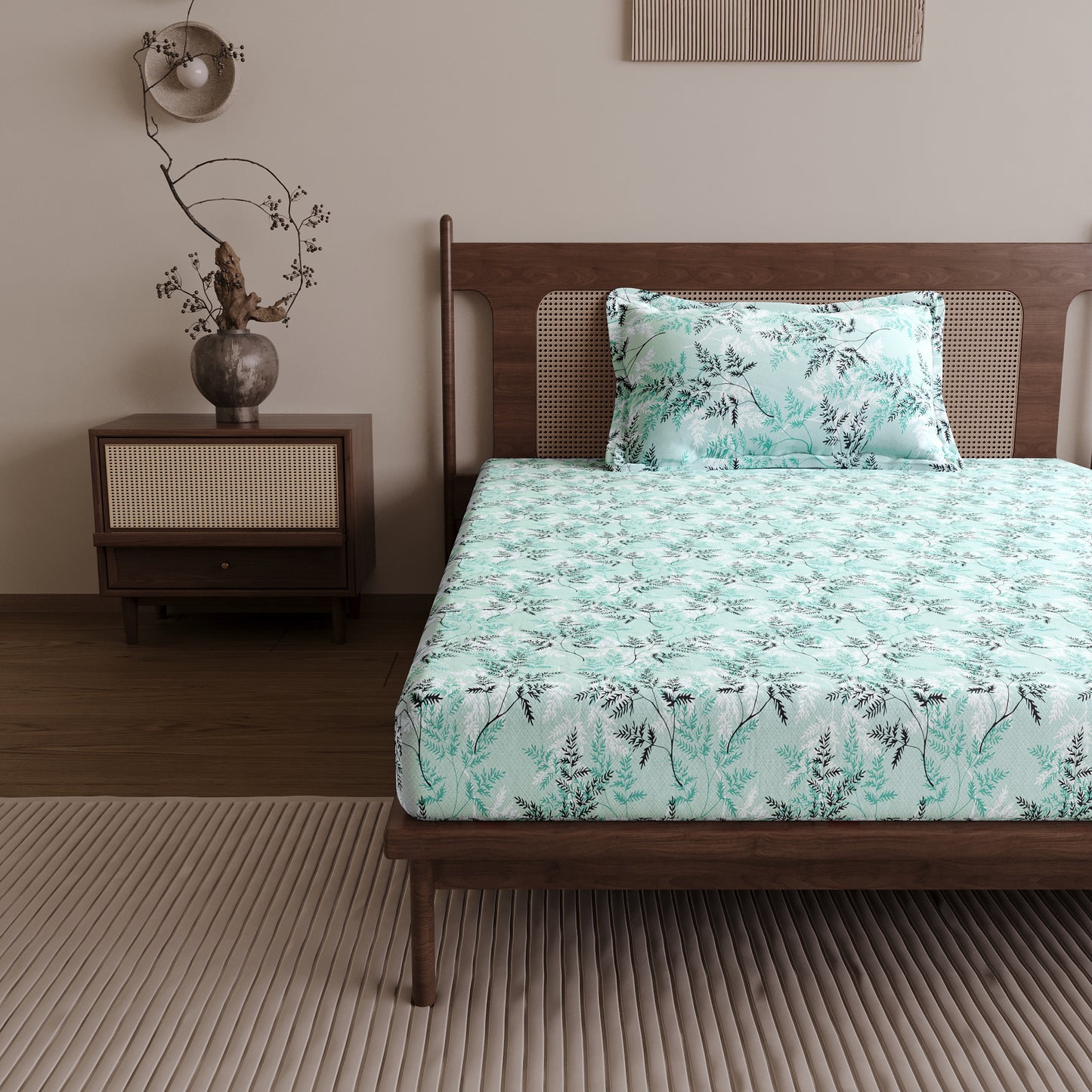 Lady Fern Aqua Mist Floral 100% Cotton Bedsheet for Single Bed