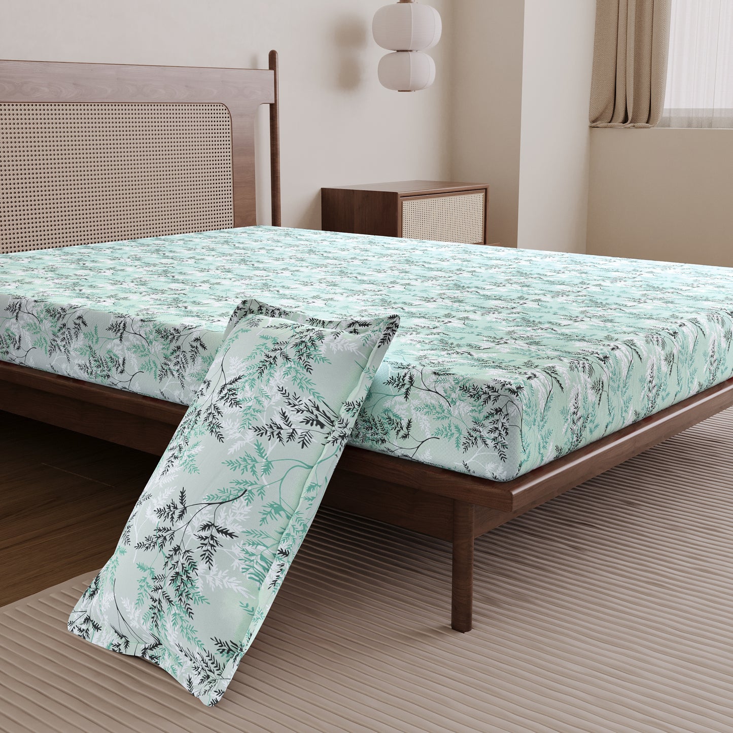 Lady Fern Aqua Mist Floral 100% Cotton Bedsheet for Single Bed
