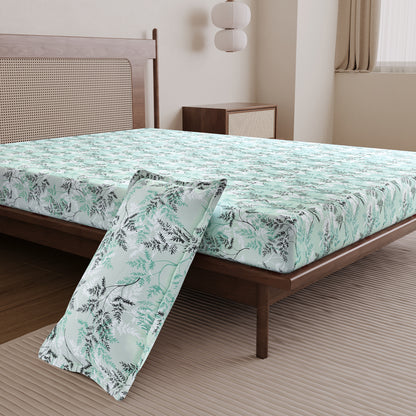 Lady Fern Aqua Mist Floral 100% Cotton Bedsheet for Single Bed