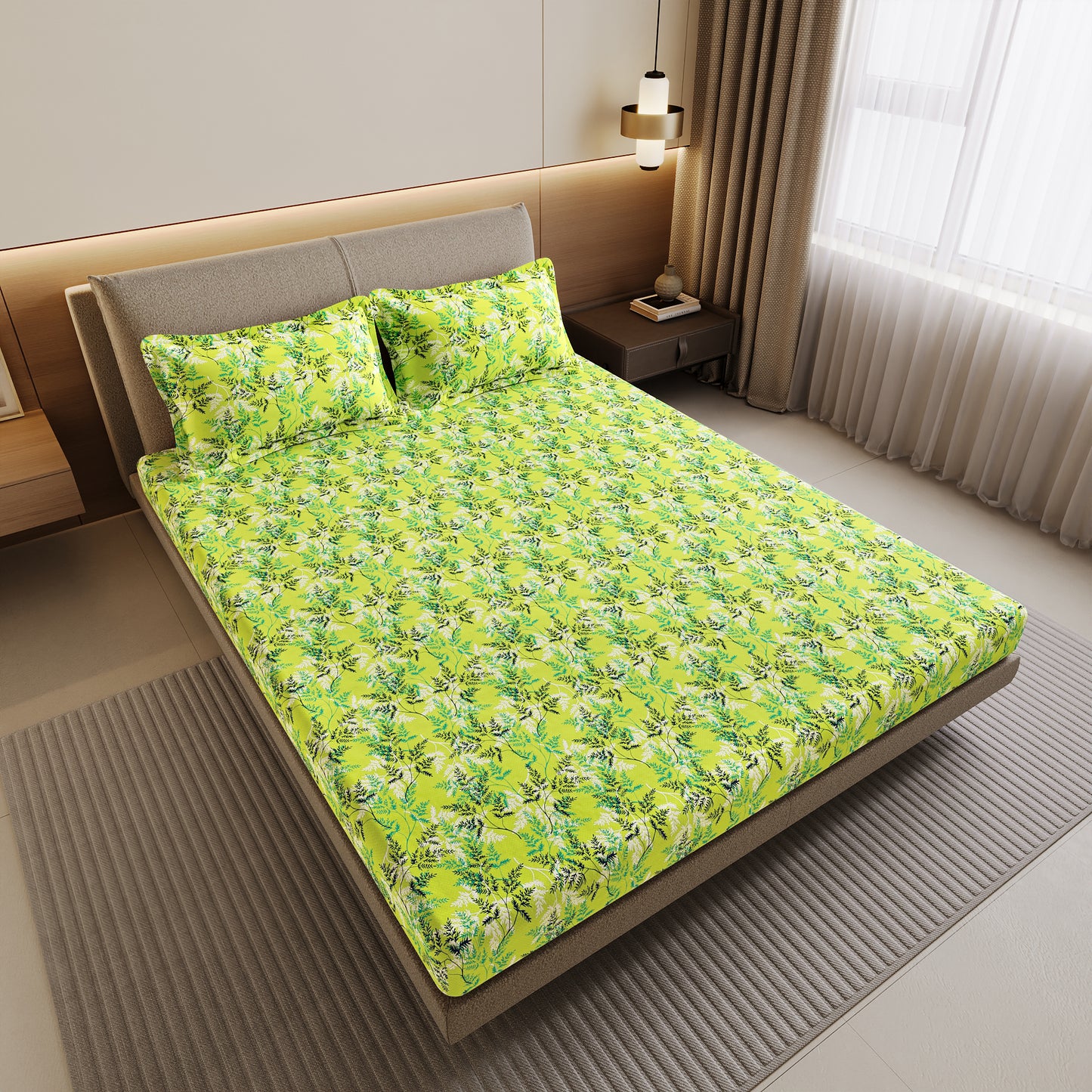 Lady Fern Floral Lime Green Bedsheet for Double Bed - 100% Cotton