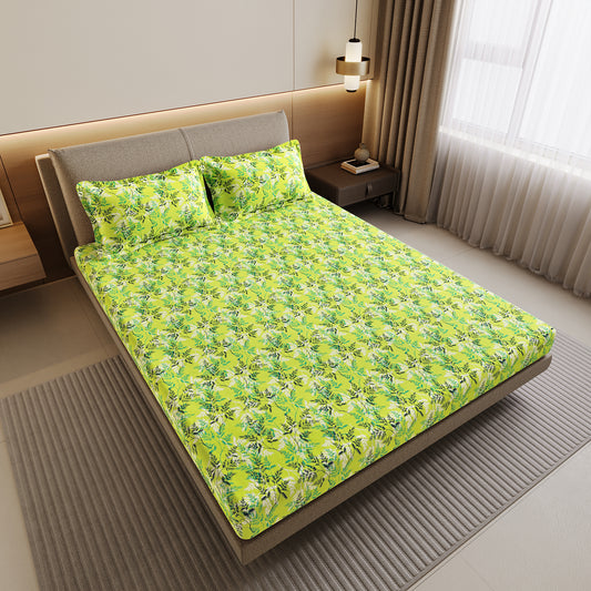 Lady Fern Floral Lime Green Bedsheet for Double Bed - 100% Cotton