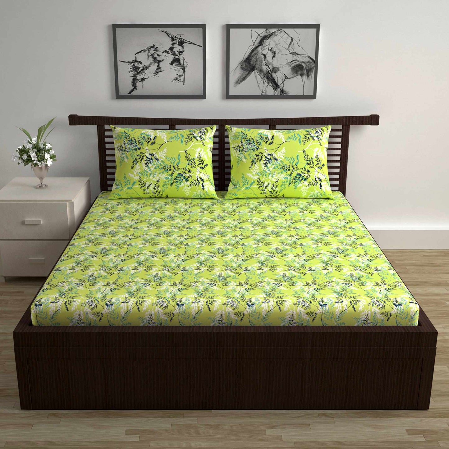 Lady Fern Floral Lime Green Bedsheet for Double Bed - 100% Cotton