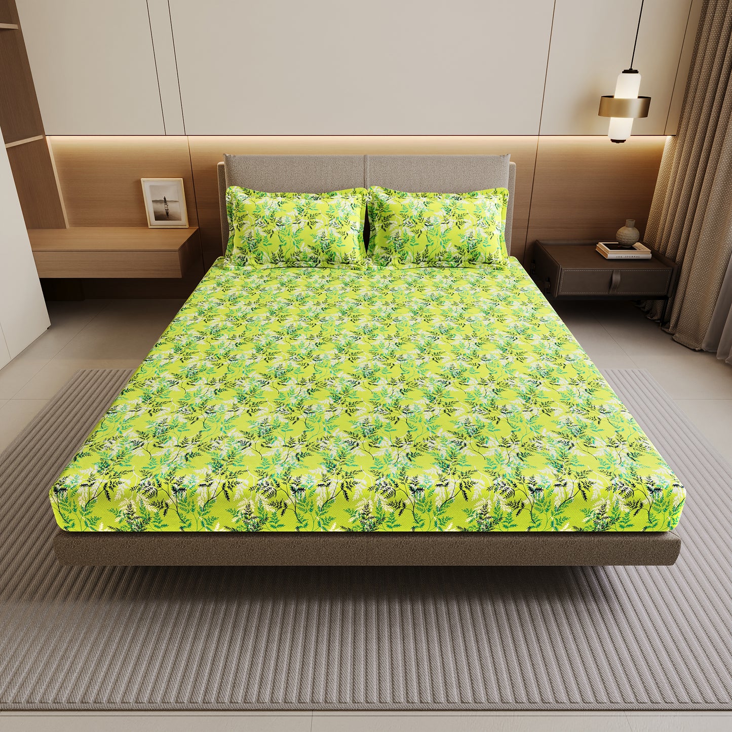 Lady Fern Floral Lime Green Bedsheet for Double Bed - 100% Cotton