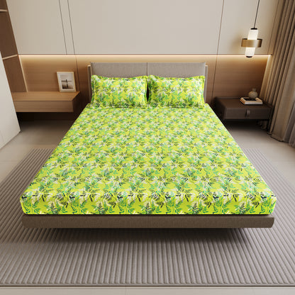 Lady Fern Floral Lime Green Bedsheet for Double Bed - 100% Cotton