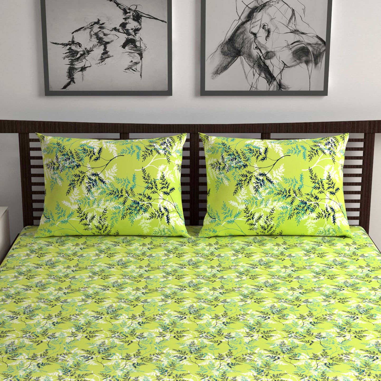 Lady Fern Floral Lime Green Bedsheet for Double Bed - 100% Cotton