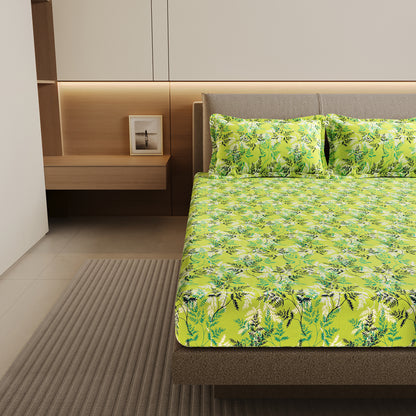 Lady Fern Floral Lime Green Bedsheet for Double Bed - 100% Cotton