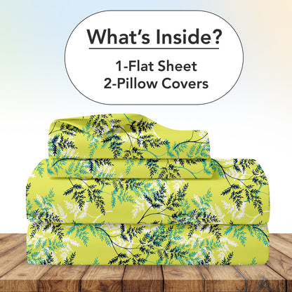 Lady Fern Floral Lime Green Bedsheet for Double Bed - 100% Cotton