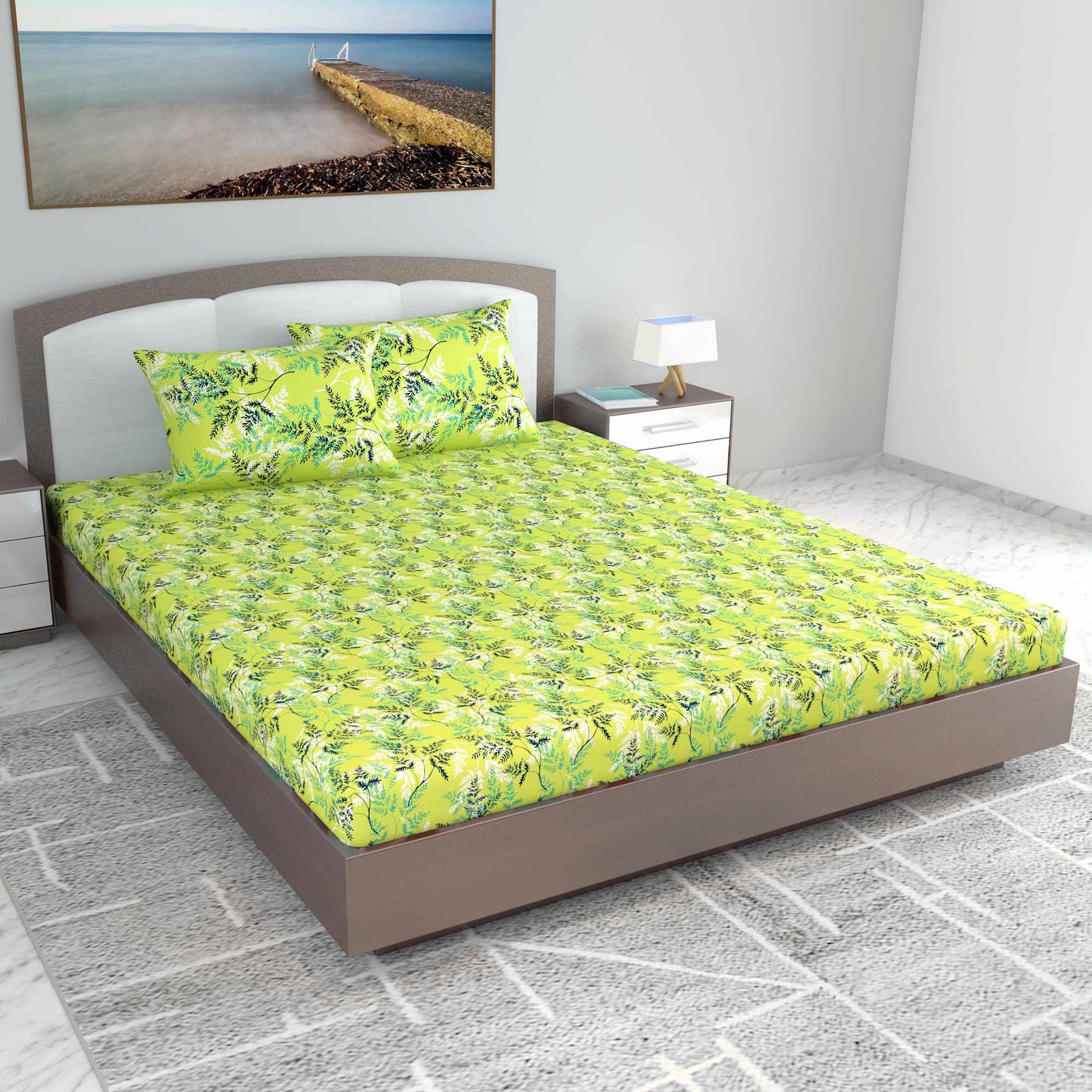 Lady Fern Floral Lime Green Bedsheet for King Size Bed - 100% Cotton