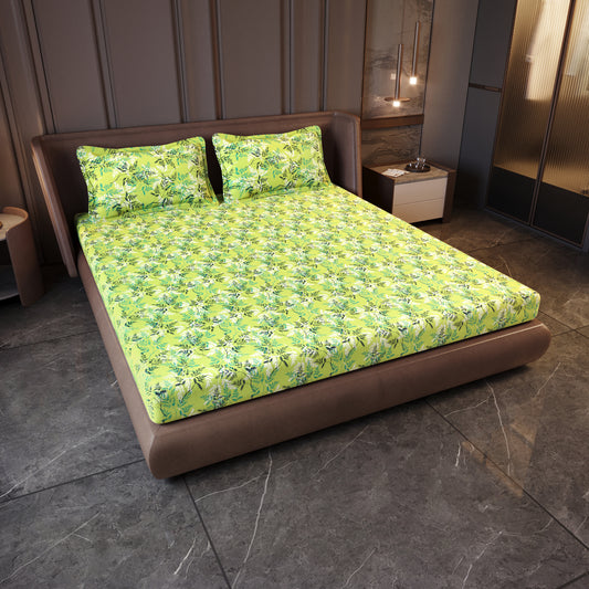 Lady Fern Floral Lime Green Bedsheet for King Size Bed - 100% Cotton