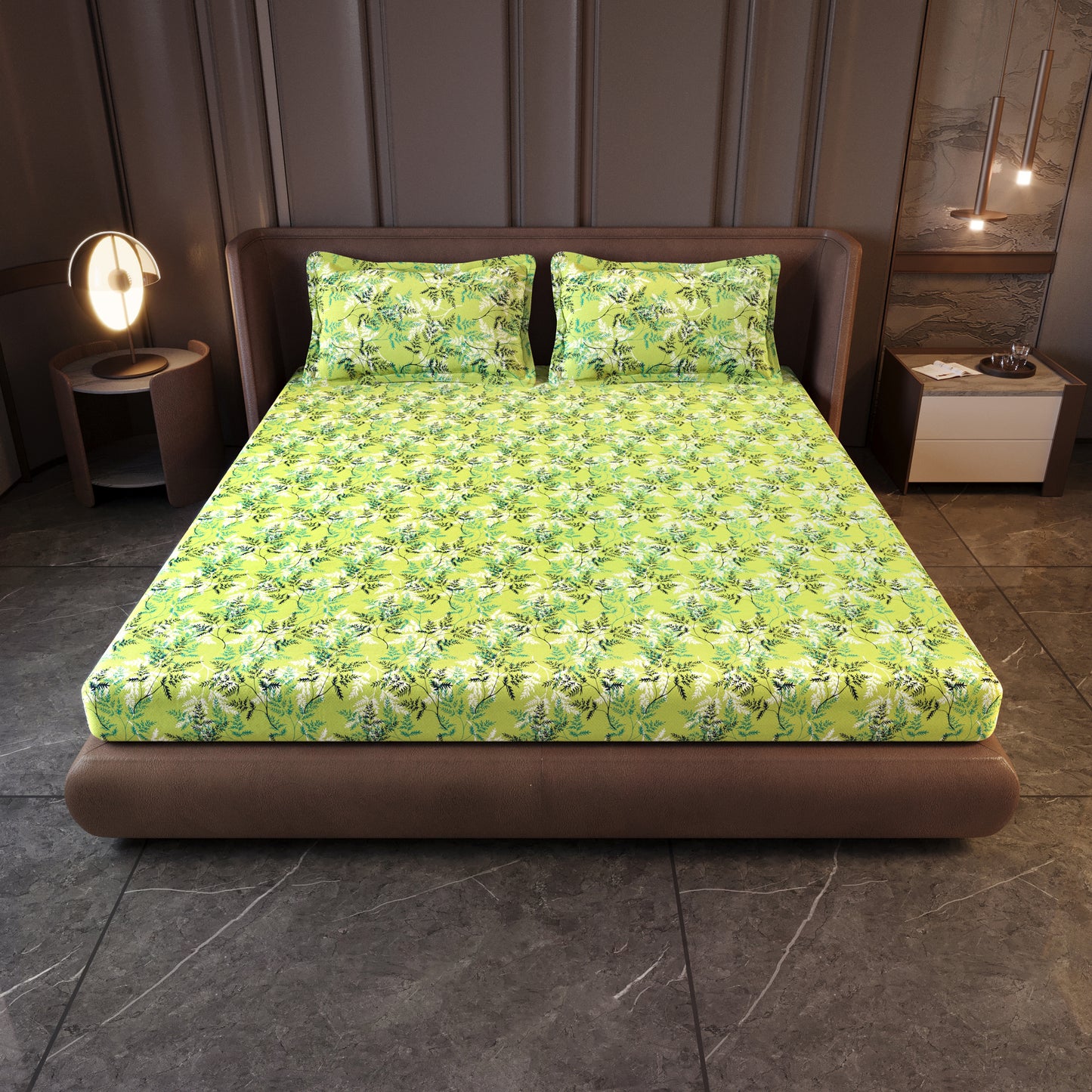 Lady Fern Floral Lime Green Bedsheet for King Size Bed - 100% Cotton