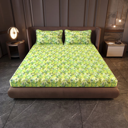 Lady Fern Floral Lime Green Bedsheet for King Size Bed - 100% Cotton