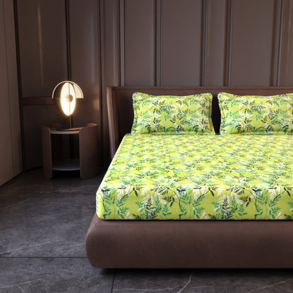 Lady Fern Floral Lime Green Bedsheet for King Size Bed - 100% Cotton