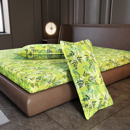 Lady Fern Floral Lime Green Bedsheet for King Size Bed - 100% Cotton