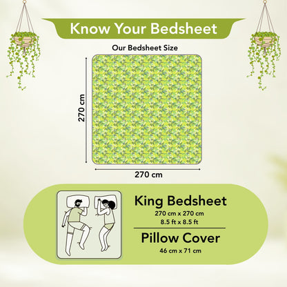 Lady Fern Floral Lime Green Bedsheet for King Size Bed - 100% Cotton