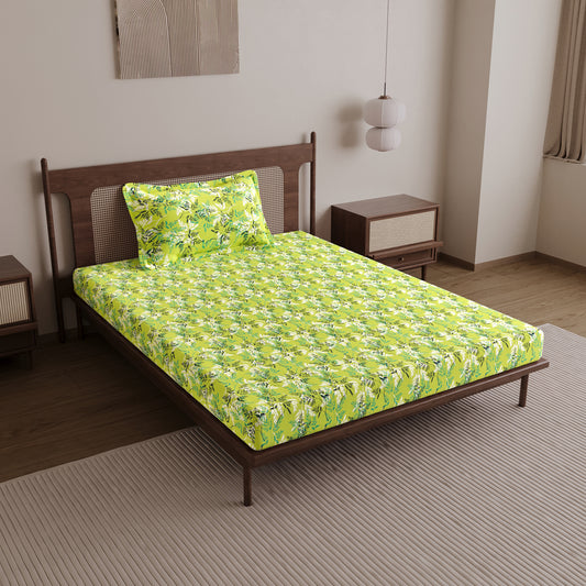 Lady Fern Floral Lime Green Bedsheet for Single Bed - 100% Cotton