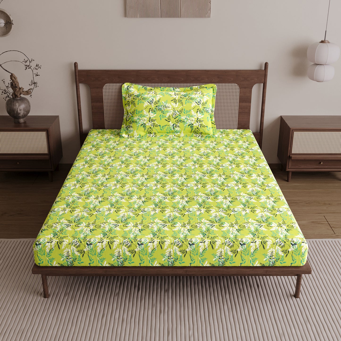 Lady Fern Floral Lime Green Bedsheet for Single Bed - 100% Cotton