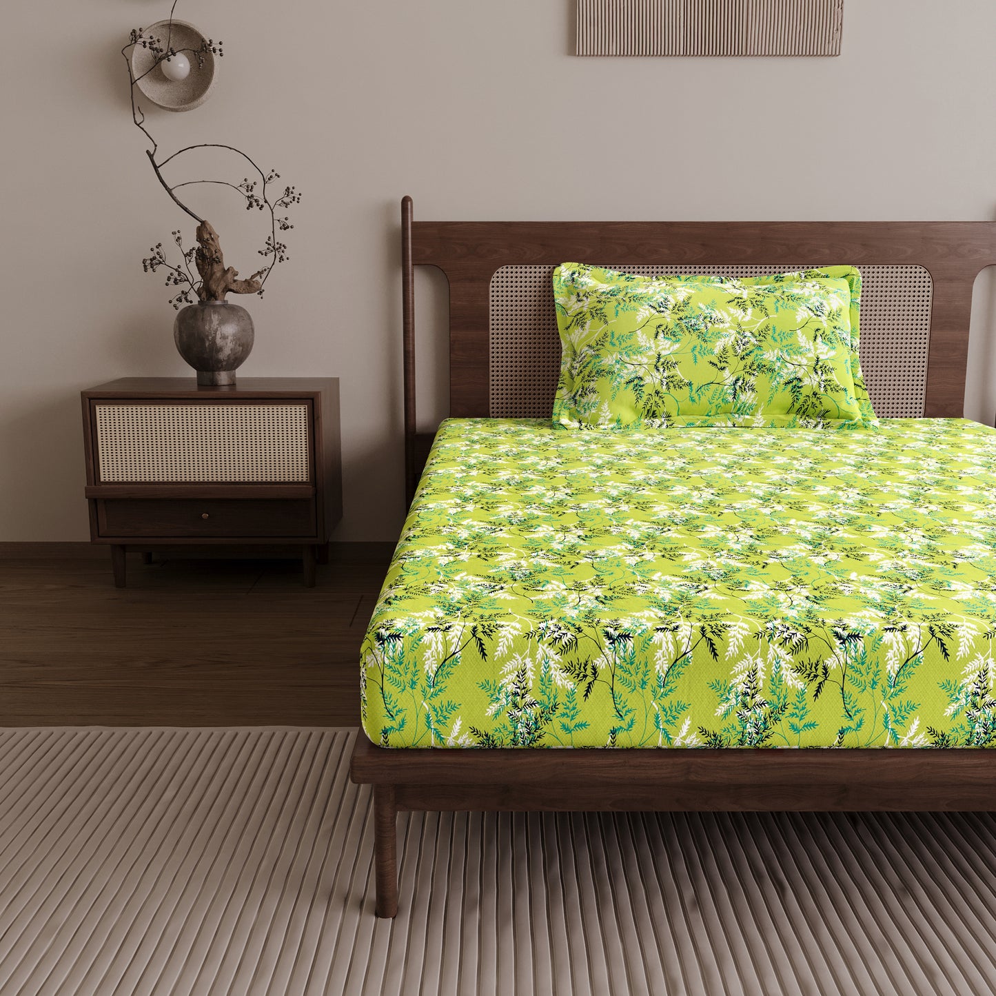 Lady Fern Floral Lime Green Bedsheet for Single Bed - 100% Cotton