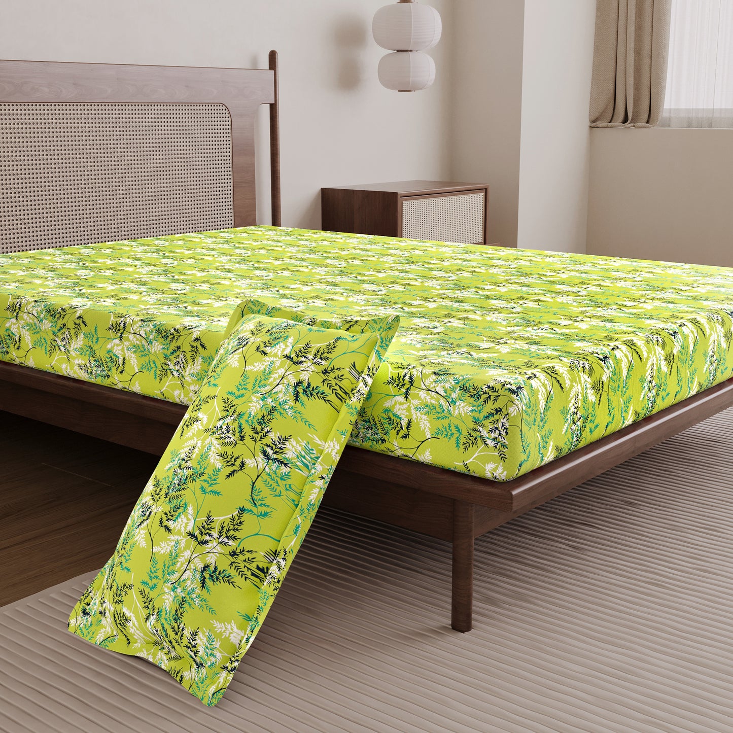 Lady Fern Floral Lime Green Bedsheet for Single Bed - 100% Cotton
