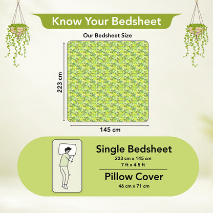 Lady Fern Floral Lime Green Bedsheet for Single Bed - 100% Cotton