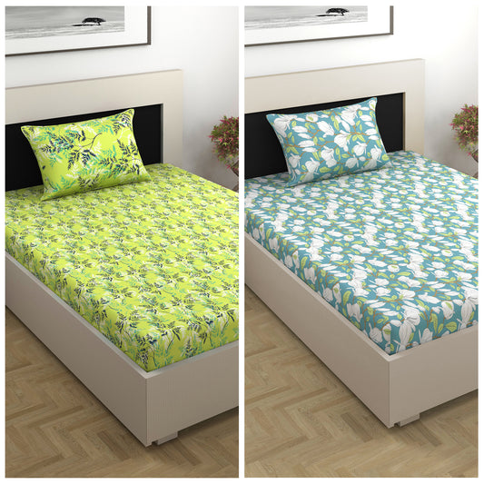 Green Floral Print Combo Bedsheet for Single Bed