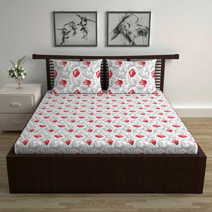 Tulip Floral 100% Cotton Bedsheet for Double Bed - Grey and Red