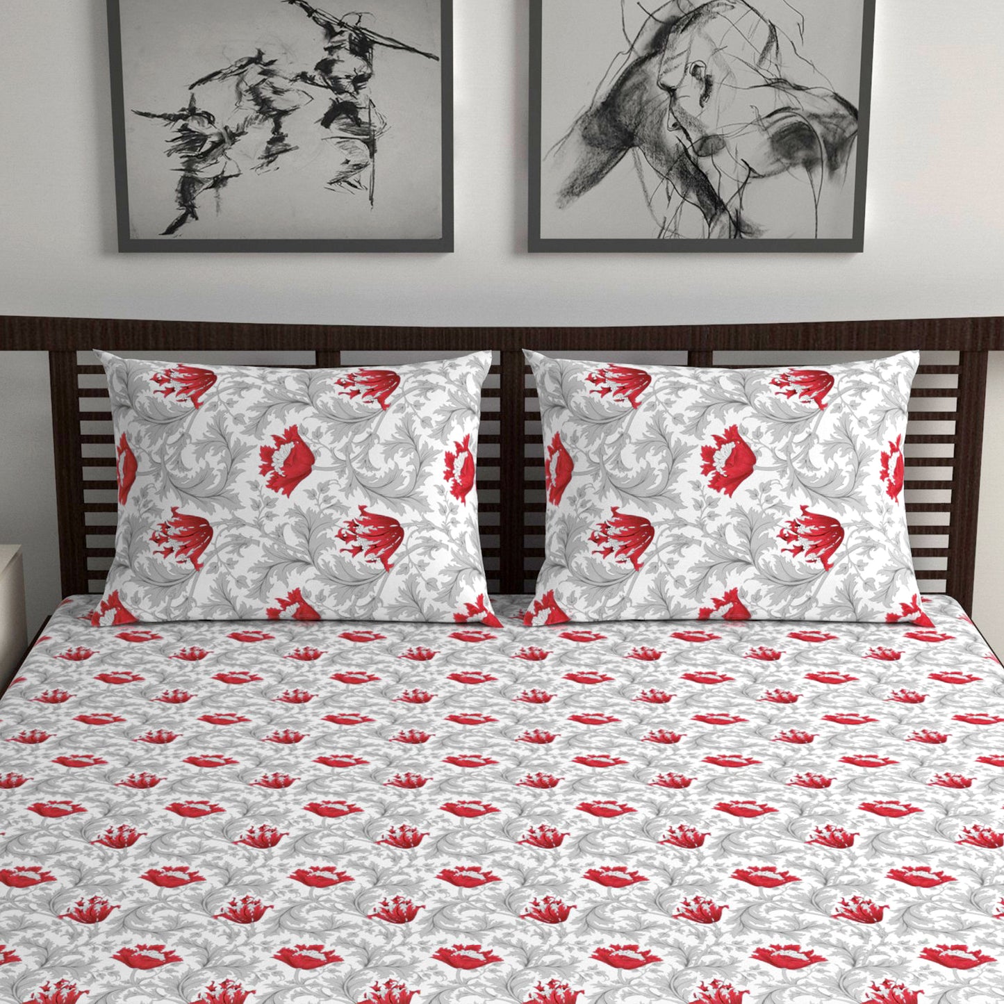 Tulip Floral 100% Cotton Bedsheet for Double Bed - Grey and Red