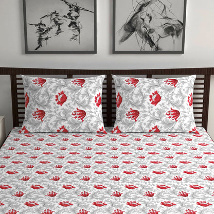 Tulip Floral 100% Cotton Bedsheet for Double Bed - Grey and Red