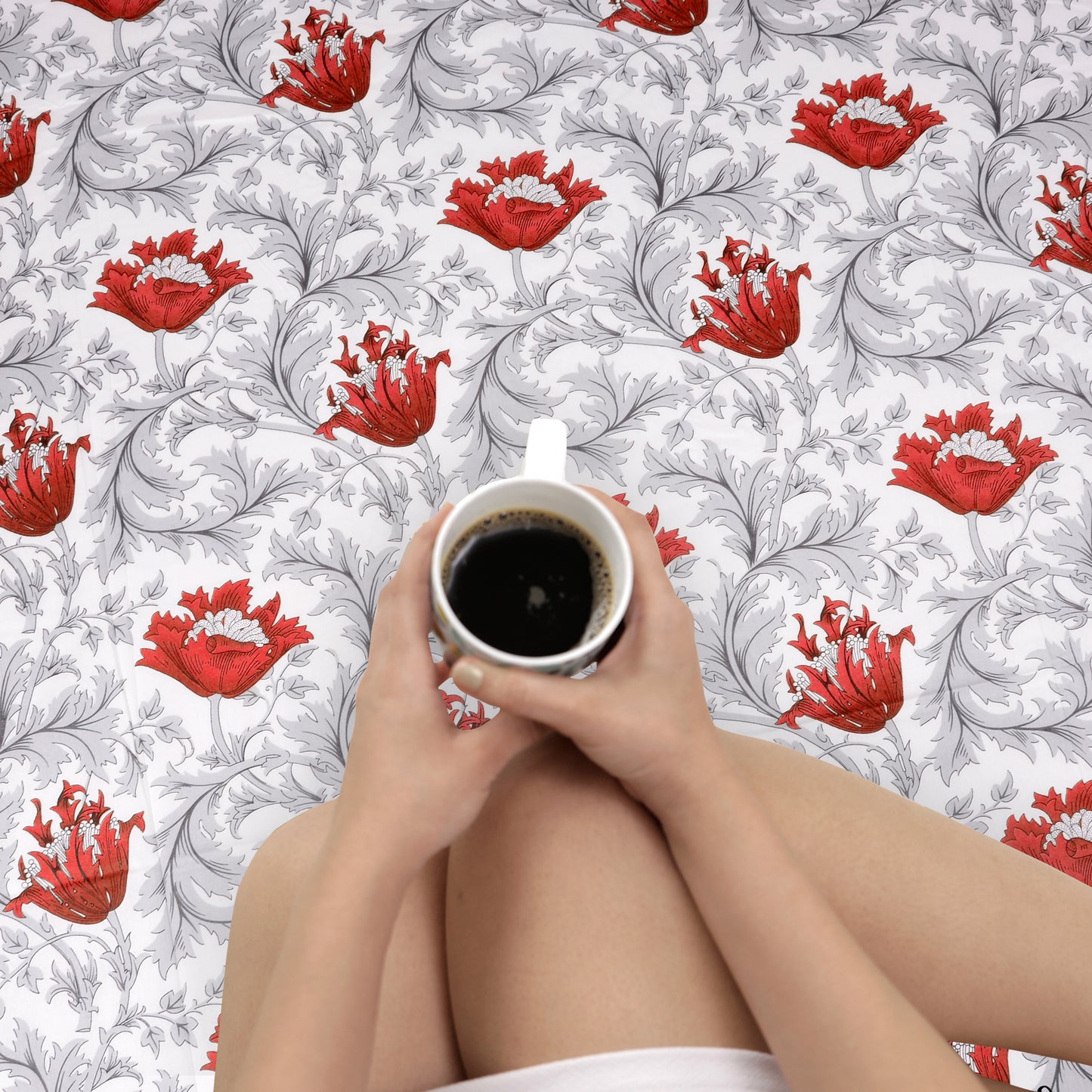 Tulip Floral 100% Cotton Bedsheet for Single Bed - Grey and Red