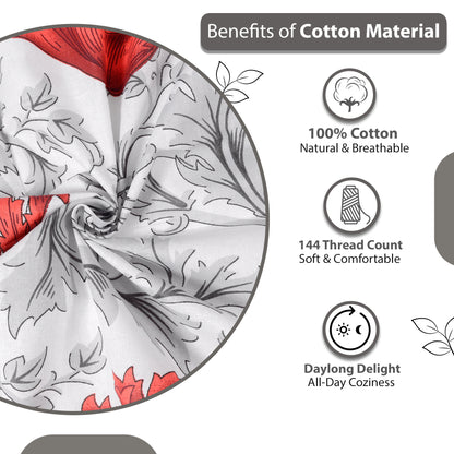 Tulip Floral 100% Cotton Bedsheet for Single Bed - Grey and Red