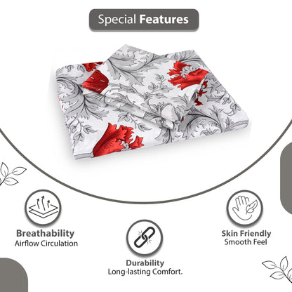 Tulip Floral 100% Cotton Bedsheet for Single Bed - Grey and Red