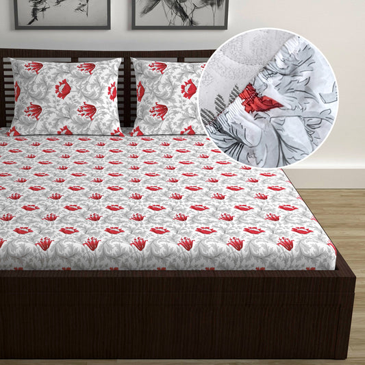 Tulip Floral Grey and Red Elastic Fitted Double Bed Bedsheet