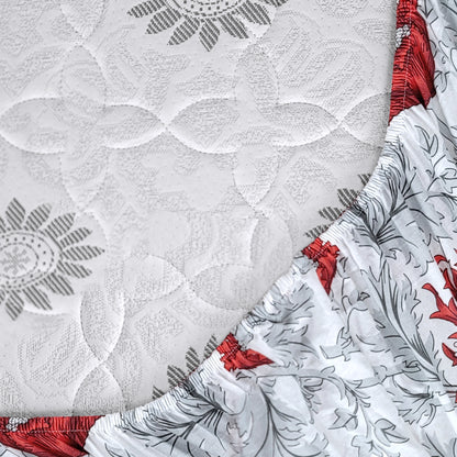 Tulip Floral Elastic Fitted Bedsheet for King Size Bed - Grey and Red