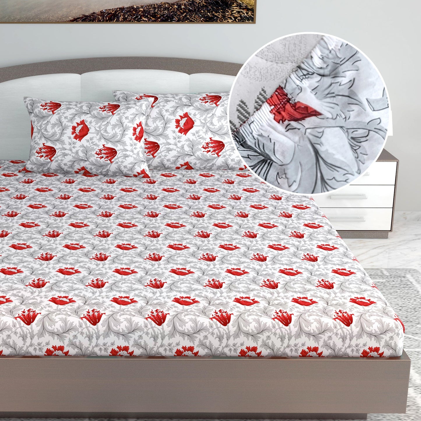 Tulip Red Floral Elastic Fitted King Bed Bedsheet